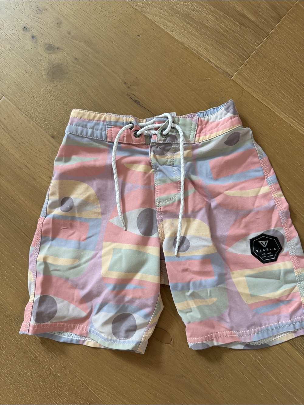 VISSLA Kids Swim Trunks in Pastel Pink, Light Blue, Cream